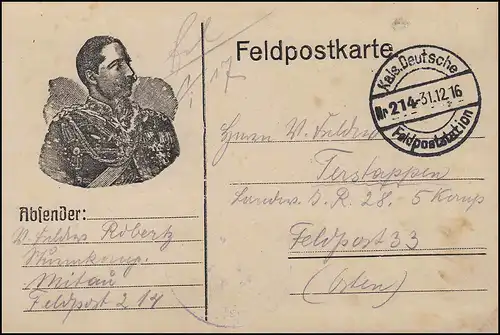 Feldpostkarte Wilhelm-Portrait Kais. Deutsche Feldpoststation 214 - 31.12.16