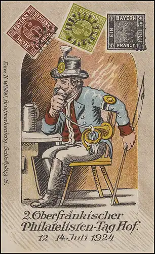 AK 2. Oberfränkischer Philatelistentag Hof Juli 1924: Postillion im Wirtshaus