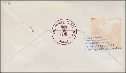 Lufthansa R-Lettre Premier vol DC 10 LH 430 Frankfurt Main/ Chicago 1. + 2.11.1975