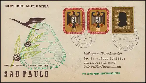 Luftpost Lufthansa Eröffnungsflug Frankfurt Main/ Sao Paulo 15. + 17.8.1956