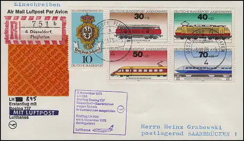 R-Brief Lufthansa Erstflug Boeing 737 LH 895 Düsseldorf/ Saarbrücken 3./4.11.75