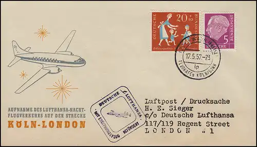 Airpost Lufthansa Vol d'ouverture de nuit Cologne Bonn / Londres 17+ 18.5.1957