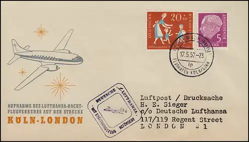 Luftpost Lufthansa Eröffnungsflug Nachtflug Köln Bonn / London 17.+ 18.5.1957