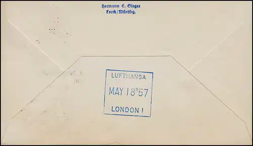 Luftpost Lufthansa Eröffnungsflug Nachtflug Köln Bonn / London 17.+ 18.5.1957