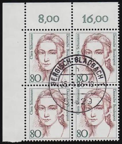 1305 Frauen 80 Pf Schumann Eckrand-Viererblock oben links zentrischer Tages-O