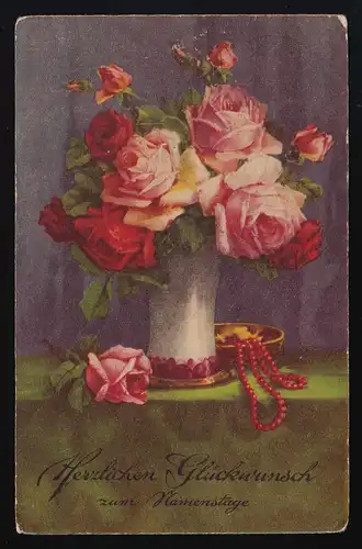 AK HWB Ser. 4516, Roses Vase nacre, Bernstein, Anniversaire, Wehlen 3.12.35