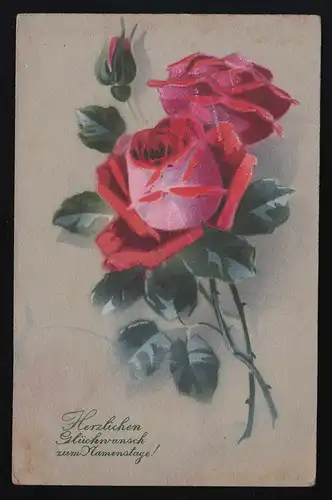 AK Rote Rosen Blüten Stiel, F.K., Namenstag Erkelenz 17.3.19 nach Korschenbroich