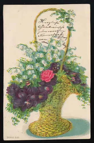 AK Flechtkorb gefüllt mit Veilchen Rosen Maiglöckchen, Serie 850 Wien 23.11.1900