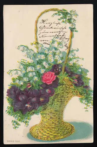 Panier à cocher AK rempli de violettes Roses Maigloeckchen, Serie 850 Wien 23.11.1900