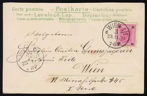 AK Flechtkorb gefüllt mit Veilchen Rosen Maiglöckchen, Serie 850 Wien 23.11.1900