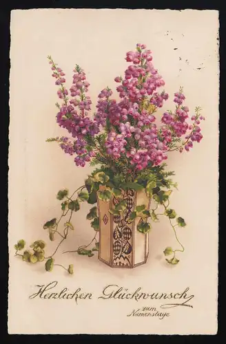 AK lila Blumen Blüten Zweige Vase grafisches Dekor, Namenstag, Papenburg 15.3.28