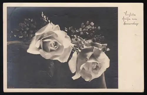 AK Roses blanches, jour de nom, "Les téléphones économisent du temps & de l'argent" Munich 24.4.1938