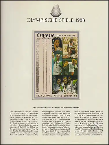 Jeux olympiques 1988 Séoul - Guyane, bloc, miroir de médailles + photos de vainqueur **