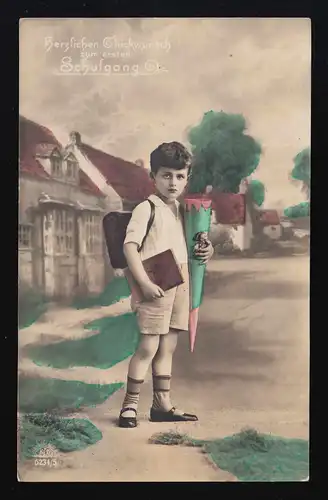 Foto AK R & K L. 6234/3 Knabe Schulbuch Schultüte, Niederoderwitz 20.4.1927