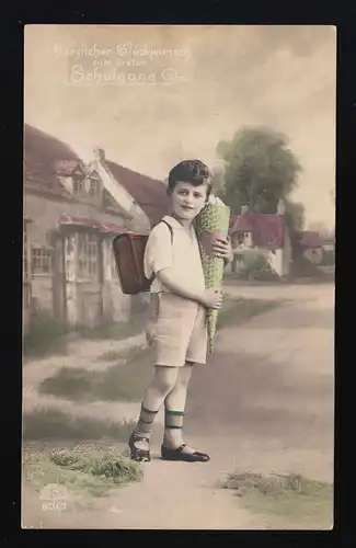 Photo AK R & K L. 6234/3 Knabe Ranzen Sac scolaire coloré, Niedoderwitz 19.4.27