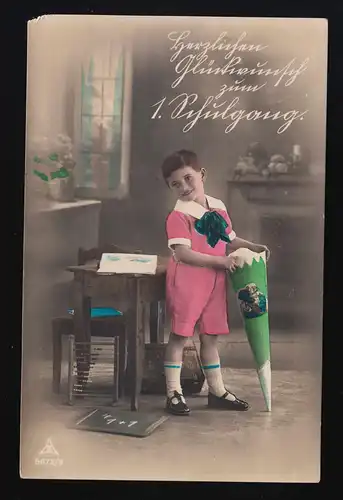 AK PH 5672/6 Knabe kurzer Anzug Schultüte neben Schulbank Niederoderwitz 19.4.27