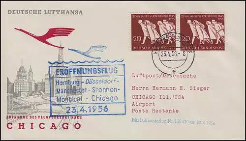 Aéroport Lufthansa Vol d'ouverture Hambourg / Chicago 23/24.4.1956