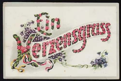AK S.V.D. 6122/1 Ein Herzensgruss aus roten Blüten + Veilchen Laubenheim 18.8.16