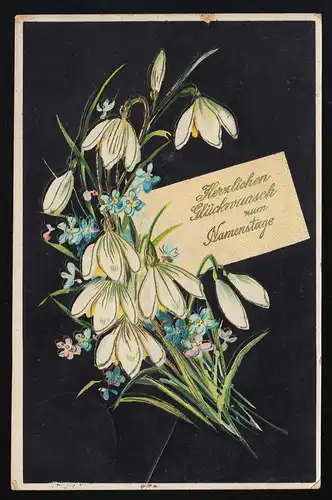AK SER 7709, Schneeglöckchen & Vergissmeinnicht, Namenstag, Essen 19.11.1913