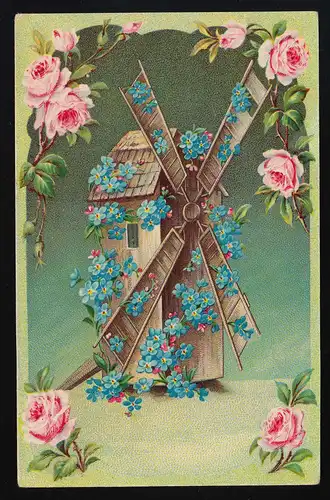 AK GR No 171, Windmühle umrankt von Vergissmeinnicht + Rosen, Berlin 1.11.1911