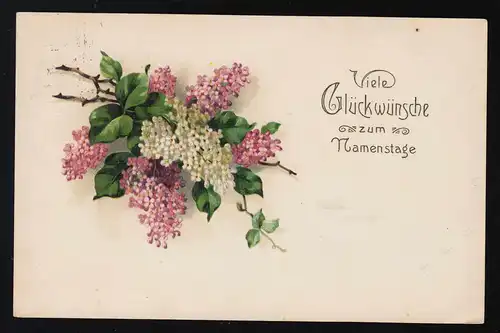 AK Branches de lilas, fleurs en blanc + rose, Félicitations Nom, Cöln 25.7.1917