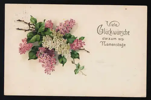 AK Flieder Zweige, Blüten in weiß + rosa, Glückwünsche Namenstag, Cöln 25.7.1917