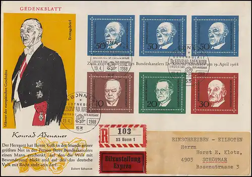 Block 4 Adenauer mit passenden Einzelmarken aus Bl. 4 MiF Eil-R-FDC ESSt Bonn