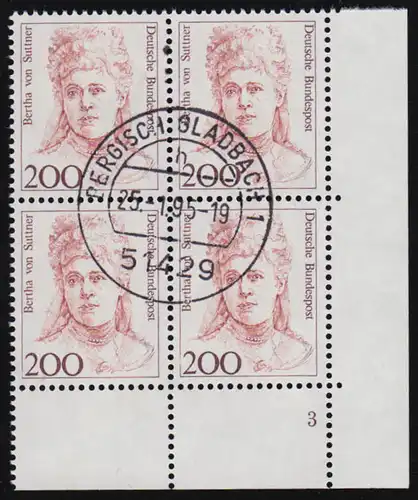 1498 200 von Suttner Eckrand-Viererblock Formnummer 3, zentrischer Tages-O