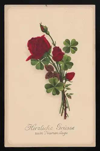AK H & S B., bouquet Roses rouge foncé, jour du nom, Günd 2.3.1917 vers Ellwangen