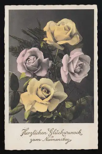 RZR Foto AK 5522, zart kolorierte Rosen Blüten, Namenstag, Wien 25.7.1942