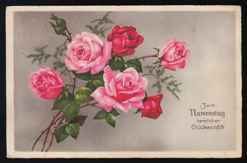 ERIKA AK Nr. 1195 Rosen Zweige auf grauem Grund, Namenstag, gelaufen 26.7.1927