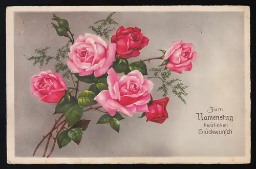 ERIKA AK n° 1195 Roses Branches sur fond gris, jour de nom, couru 26.7.1927
