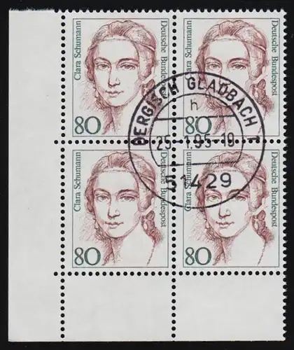 1305 Frauen 80 Pf Schumann Eckrand-Viererblock unten links zentrischer Tages-O
