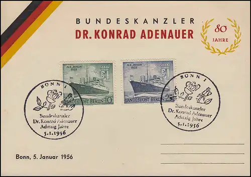 Carte commémorative 80e anniversaire Dr. Konrad Adenauer SSt BONN 5.1.1956