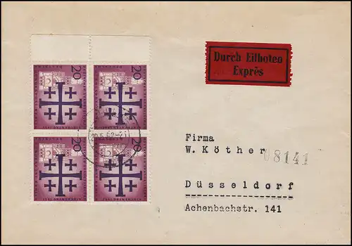 216 Kirchentag 20 Pf Rand-Viererblock portogerechte MeF Eil-Bf. SUNDERN 29.5.62