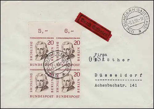 167 Männer Berlins 20 Pf OR-Vbl. MeF Eil-Bf. zentrischer Tages-O SUNDERN 5.2.59