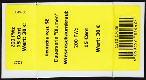 3424 Wiesenschaumkraut 15 Cent + CF Banderole / Aufkleber, kleine Nummer