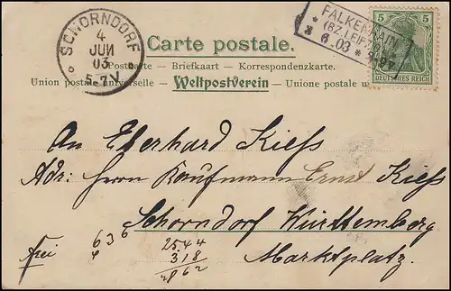 Germania 5 Pf EF sur la carte d'anniversaire de caste-O FALKENHAIN (Bz. LEIPZIG) 3.6.1903