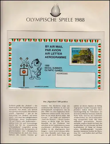 Jeux olympiques 1988 Séoul - Guyana, Aérogrammes, Hodori, Warning Signal, **