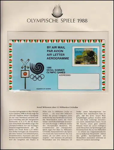 Jeux olympiques 1988 Séoul - Guyana, Aérogrammes, Hodori, Warning Signal, **