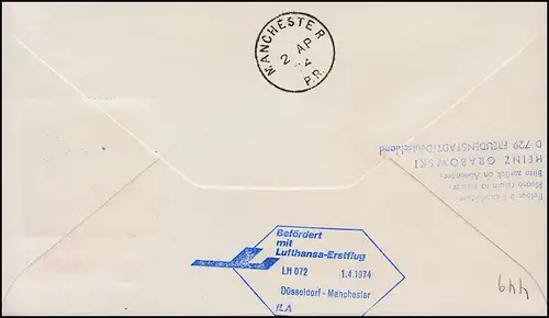 R-Lettre Lufthansa Premier vol LH 074 Boeing 737 DUSSELDORF/ MANCHESTER 1.4.1974