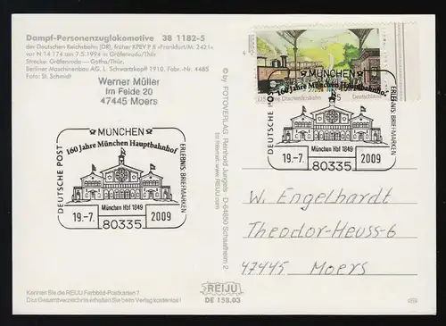 Locomotive de train de passagers à vapeur AK 38 1182-5 SSt MÜNCHEN 160 J. Gare centrale 19.7.09