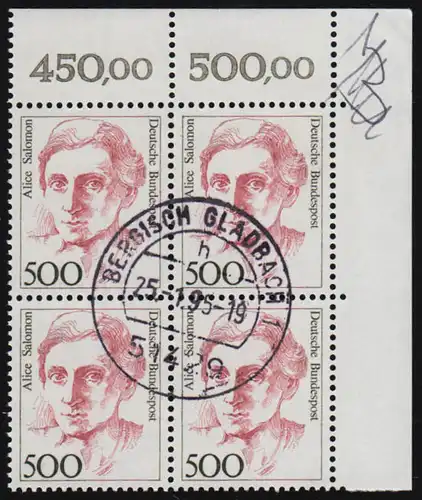 1397 500 Pf Salomon ER-Viererblock oben rechts beschriftet, zentrischer Tages-O