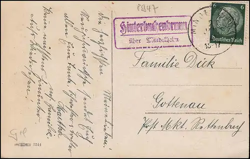 Landpost Hinterbuchenbrunn über MINDELHEIM 2.1.1941 auf AK Marienkäfer /Neujahr