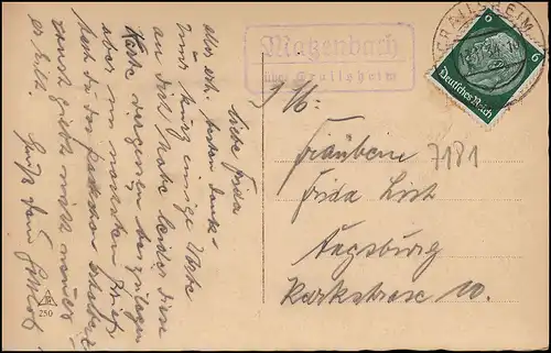 Landpost Matzenbach über CRAILSHEIM 13.11.1934 auf AK Liebespaar im Foyer + Vers