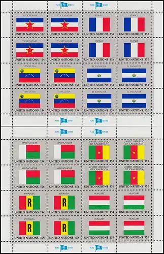 348-363 UNO New York Flaggen I 1980: Satz mit 4 Zusammendruck-Bogen **