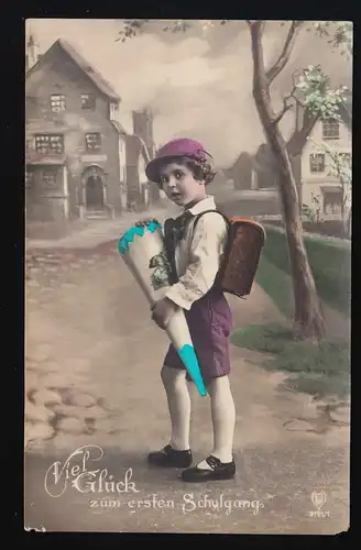 Foto AK HB 9791/5 Junge Ranzen lila Hose, gemaltes Dorf, Niederoderwitz 19.4.27