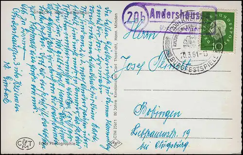 Payspost 20b Andershausen sur THÈMES 20.3.1964 Photo AK EINBECK Kuventhal