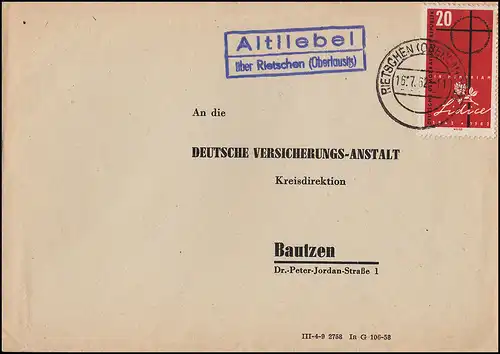 Landpost Altliebel au sujet de RIESCHEN (siège supérieur) 16.7.1962 sur lettre DVA Bautzen
