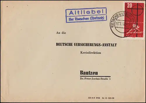 Landpost Altliebel über RIETSCHEN (Oberlausitz) 16.7.1962 auf Brief DVA Bautzen